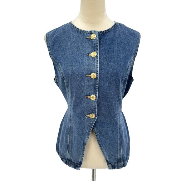 Shein Curve Medium Wash Denim Gold Button Front Tie Back Sleeveless Western Top - Picture 1 of 11